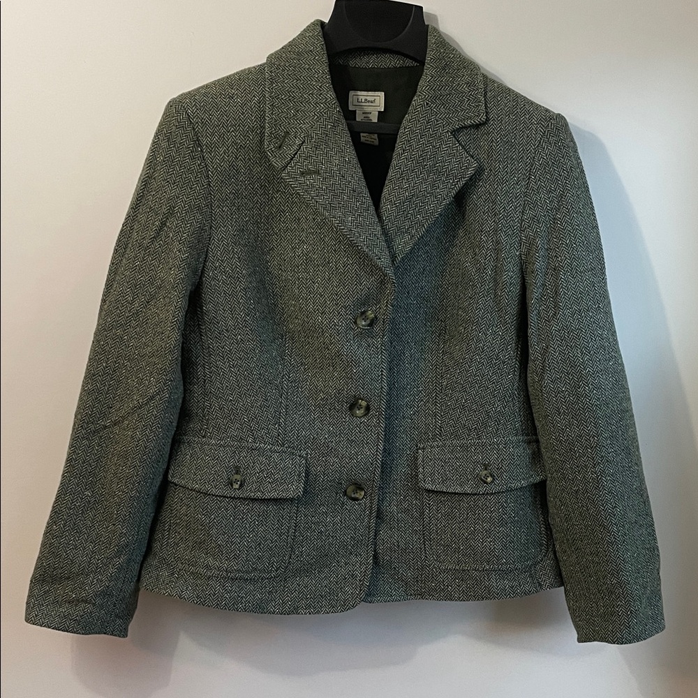 VTG L.L. Bean Women's Green Tweed Three Button Front Pocket Blazer MP